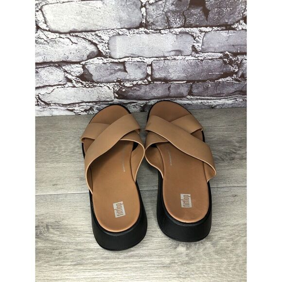 Fitflop F-Mode Brown Leather Flatform Cross Strap Slides Women’s Sz 10M US/42EU - Picture 5 of 16